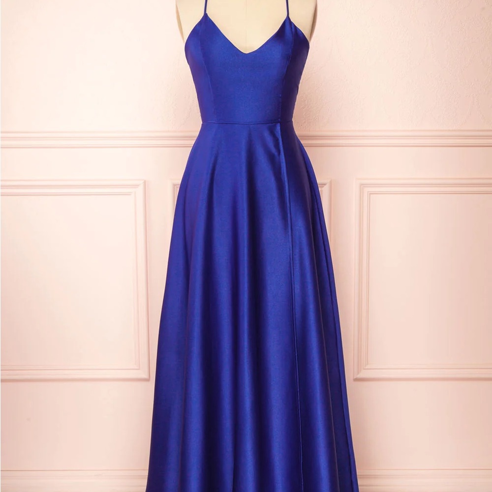 Blue Satin Maxi Prom Dress w/ High Slit